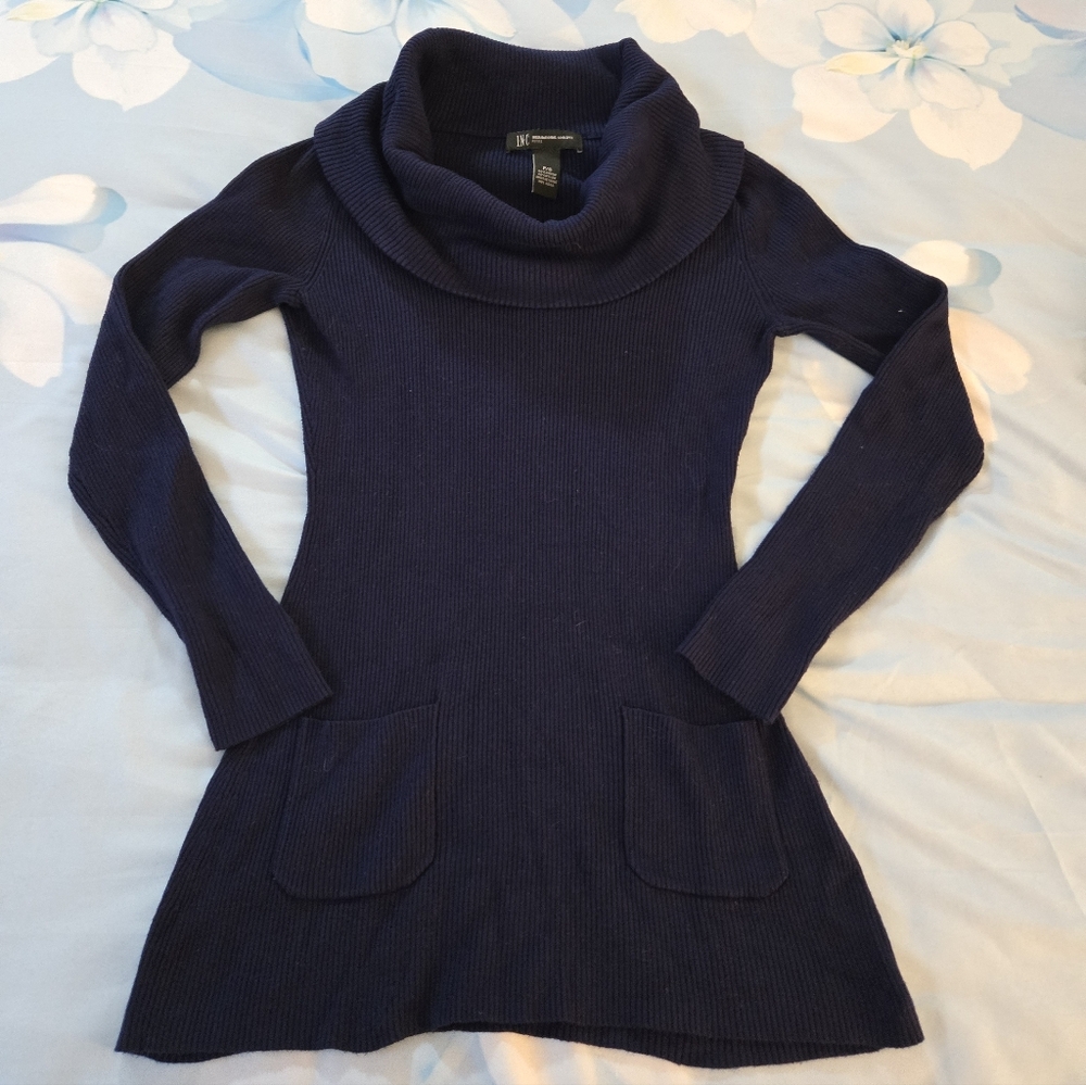 INC International Concepts Y2K Navy Ribbed Cowl Neck Tunic Sweater